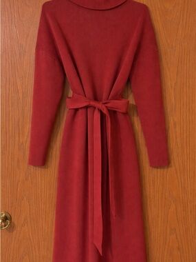 Rust Red Sweater Dress Tie Waist Midi Turtleneck Cozy Fall